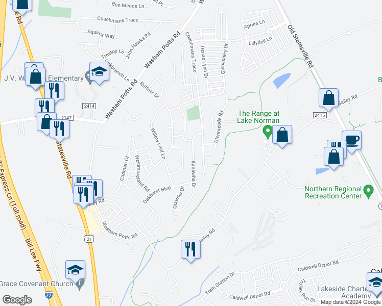 map of restaurants, bars, coffee shops, grocery stores, and more near 19223 Kanawha Drive in Cornelius