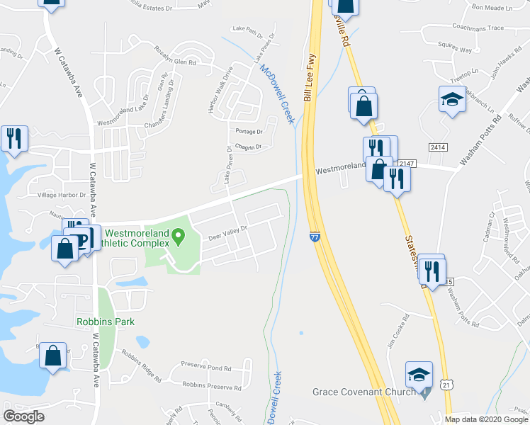 map of restaurants, bars, coffee shops, grocery stores, and more near 19759 Deer Valley Drive in Cornelius