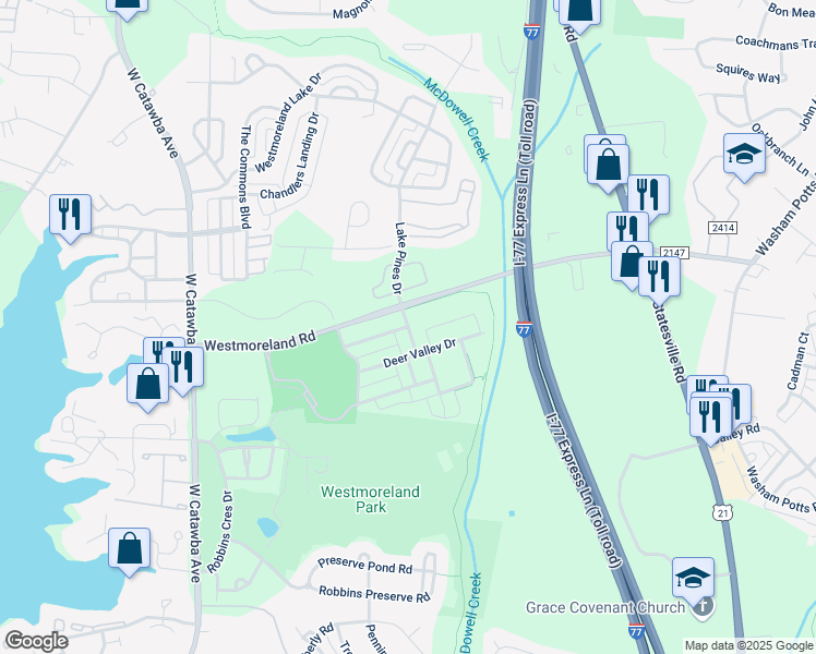 map of restaurants, bars, coffee shops, grocery stores, and more near 18693 Amberwood Glen Drive in Cornelius