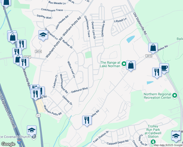 map of restaurants, bars, coffee shops, grocery stores, and more near 18705 Coachmans Trce in Cornelius