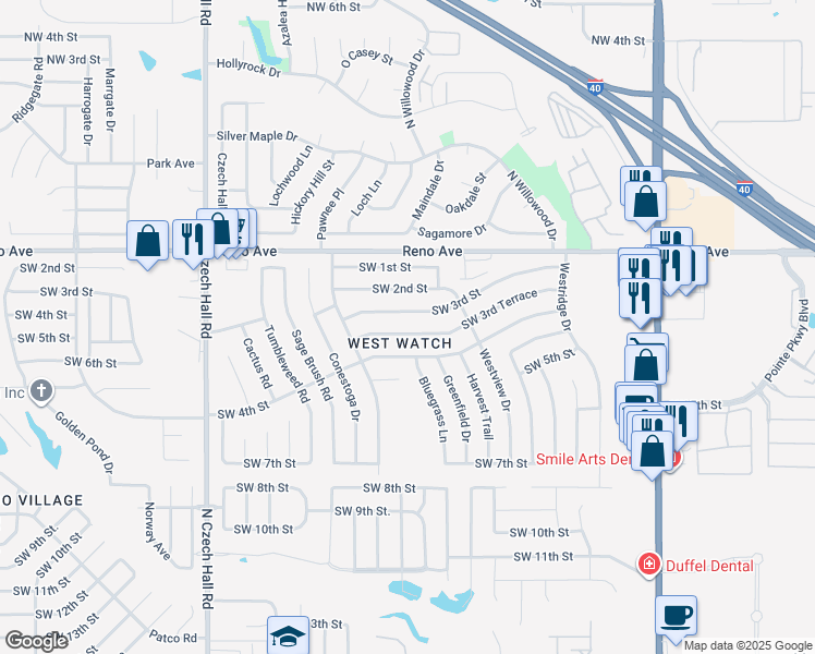 map of restaurants, bars, coffee shops, grocery stores, and more near 11828 Southwest 3rd Terrace in Yukon