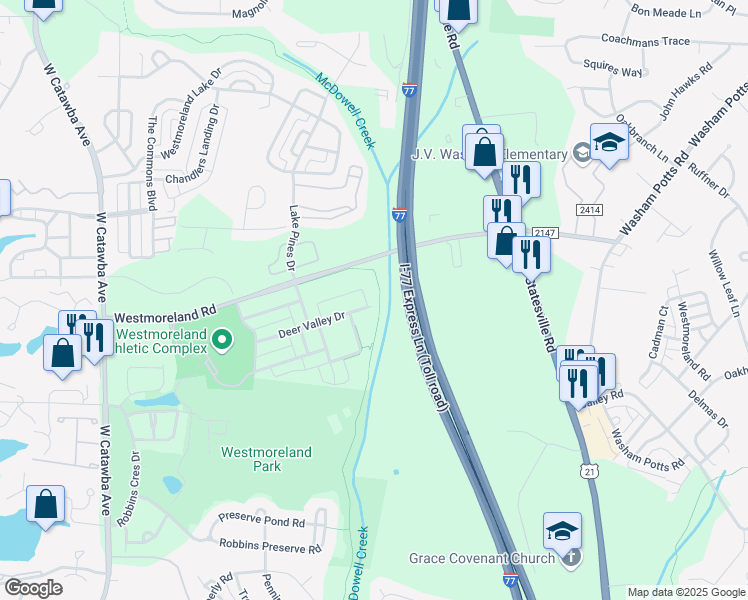 map of restaurants, bars, coffee shops, grocery stores, and more near 17241 Doe Valley Court in Cornelius