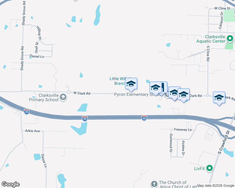 map of restaurants, bars, coffee shops, grocery stores, and more near 2101 West Clark Road in Clarksville