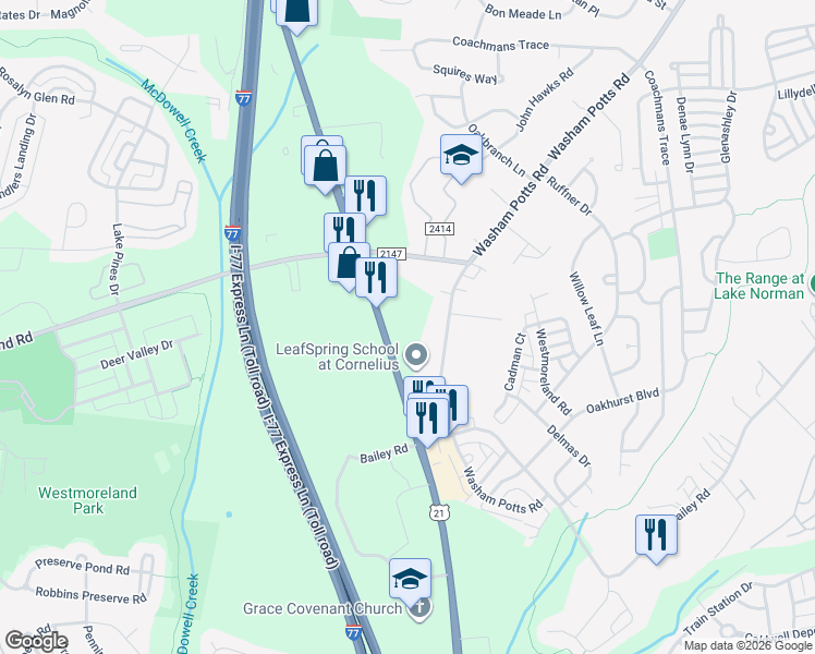 map of restaurants, bars, coffee shops, grocery stores, and more near 18200 Statesville Road in Cornelius