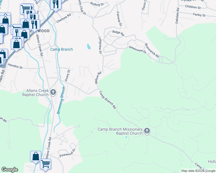 map of restaurants, bars, coffee shops, grocery stores, and more near 285 Willow Road in Waynesville