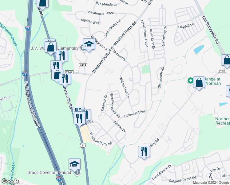 map of restaurants, bars, coffee shops, grocery stores, and more near 9718 Cadman Court in Cornelius