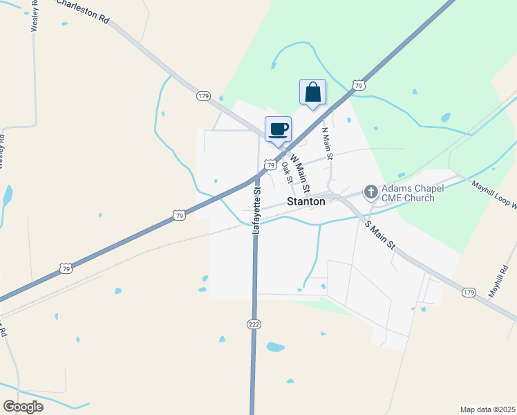 map of restaurants, bars, coffee shops, grocery stores, and more near 59 South Main Street in Stanton