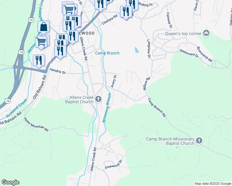map of restaurants, bars, coffee shops, grocery stores, and more near 67 Mull Street in Waynesville