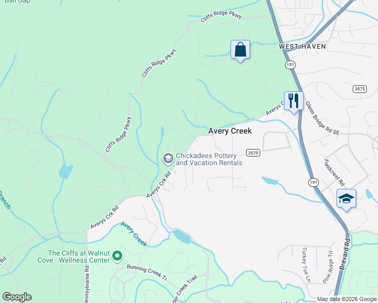 map of restaurants, bars, coffee shops, grocery stores, and more near 134 Avery Creek Road in Arden