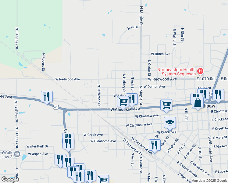 map of restaurants, bars, coffee shops, grocery stores, and more near 822 West Arlington Avenue in Sallisaw
