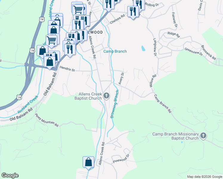 map of restaurants, bars, coffee shops, grocery stores, and more near 67 Edwards Street in Waynesville