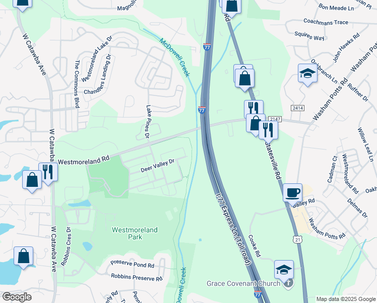 map of restaurants, bars, coffee shops, grocery stores, and more near 17237 Doe Valley Court in Cornelius