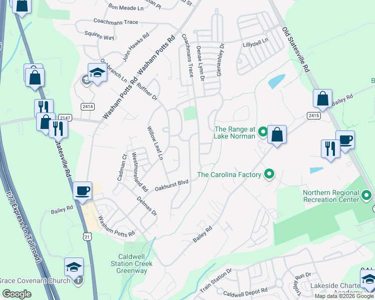 map of restaurants, bars, coffee shops, grocery stores, and more near 19202 Kanawha Drive in Cornelius