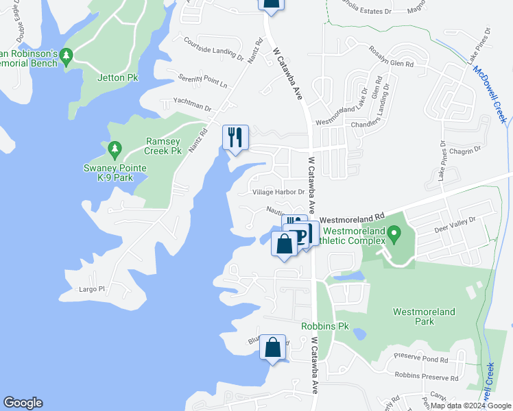 map of restaurants, bars, coffee shops, grocery stores, and more near 18741 Nautical Drive in Cornelius