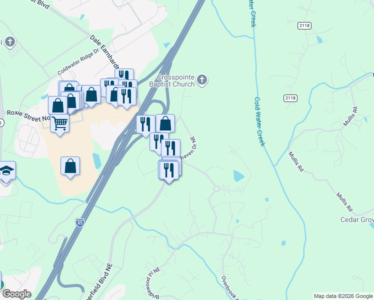 map of restaurants, bars, coffee shops, grocery stores, and more near 1040 Vinehaven Drive Northeast in Concord