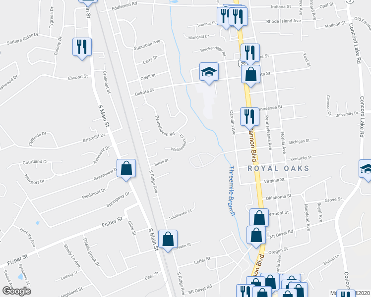 map of restaurants, bars, coffee shops, grocery stores, and more near 601 Coopers Ridge Drive in Kannapolis