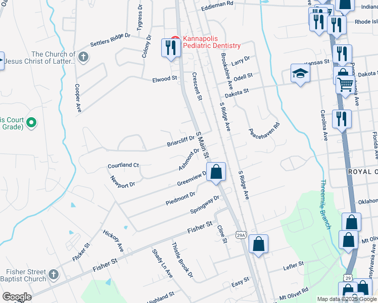 map of restaurants, bars, coffee shops, grocery stores, and more near 126 Ashmont Drive in Kannapolis