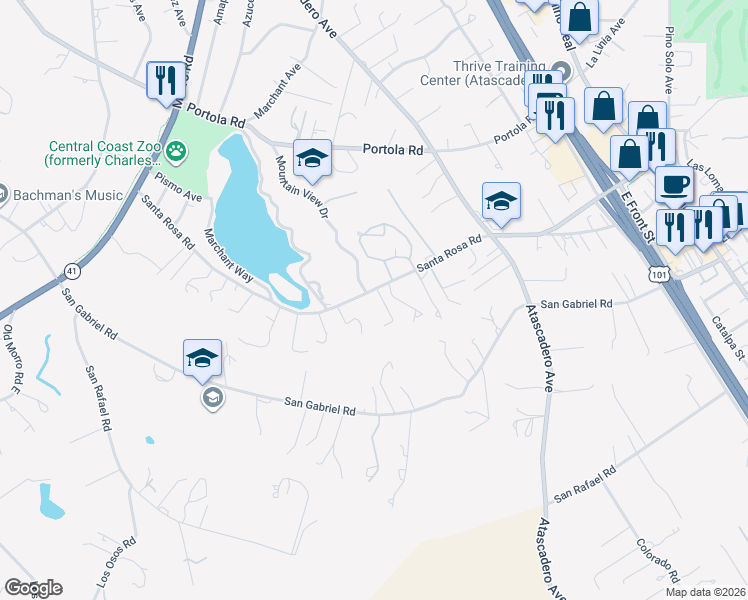map of restaurants, bars, coffee shops, grocery stores, and more near 8388 Santa Rosa Road in Atascadero