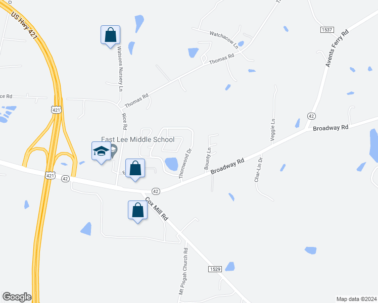 map of restaurants, bars, coffee shops, grocery stores, and more near 25 Thornwood Drive in Sanford