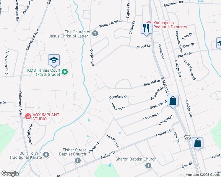 map of restaurants, bars, coffee shops, grocery stores, and more near 267 Briarcliff Drive in Kannapolis