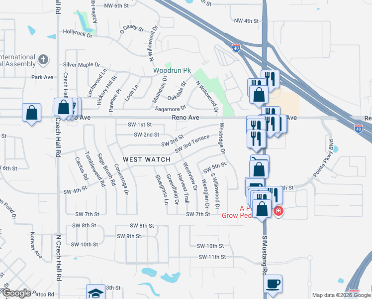 map of restaurants, bars, coffee shops, grocery stores, and more near 11712 Southwest 4th Street in Yukon