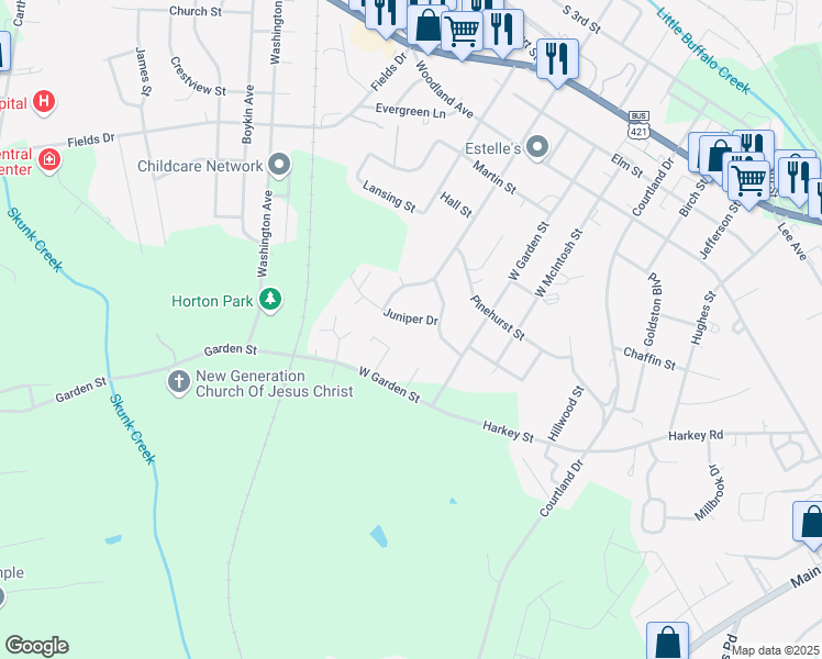 map of restaurants, bars, coffee shops, grocery stores, and more near 809 Juniper Drive in Sanford