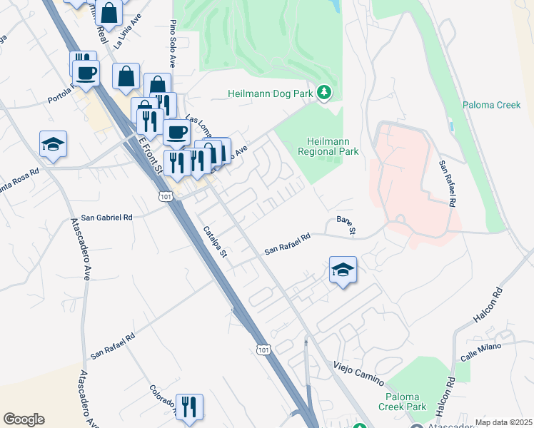 map of restaurants, bars, coffee shops, grocery stores, and more near 9335 Musselman Drive in Atascadero