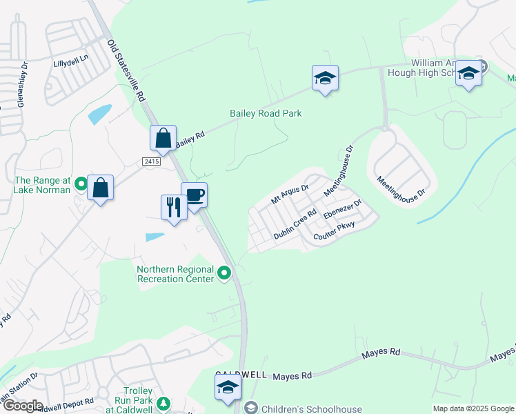 map of restaurants, bars, coffee shops, grocery stores, and more near 11040 Bailey Park Nature Drive in Cornelius