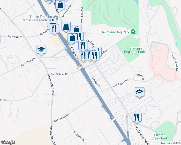 map of restaurants, bars, coffee shops, grocery stores, and more near 9180 Birch Street in Atascadero