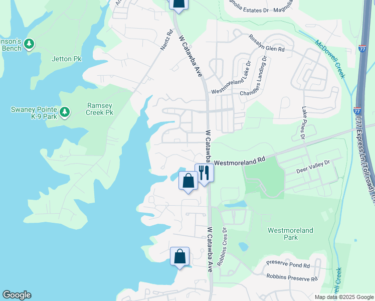map of restaurants, bars, coffee shops, grocery stores, and more near 18742 Nautical Drive in Cornelius