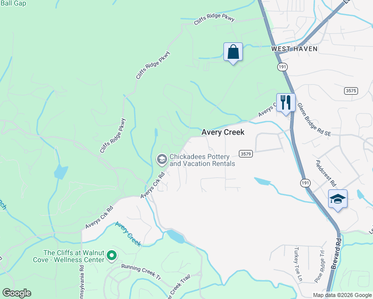 map of restaurants, bars, coffee shops, grocery stores, and more near 134 Avery Creek Road in Arden