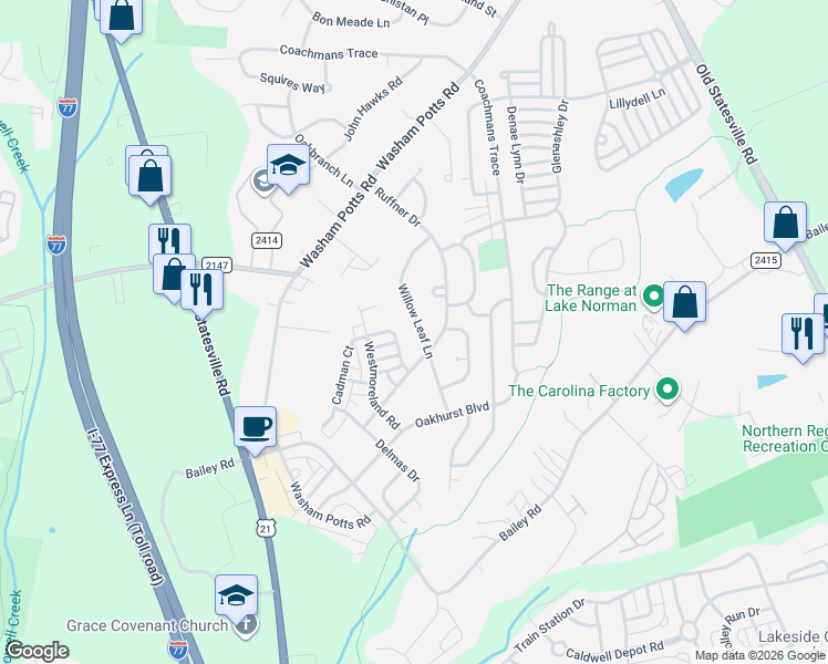 map of restaurants, bars, coffee shops, grocery stores, and more near in Cornelius