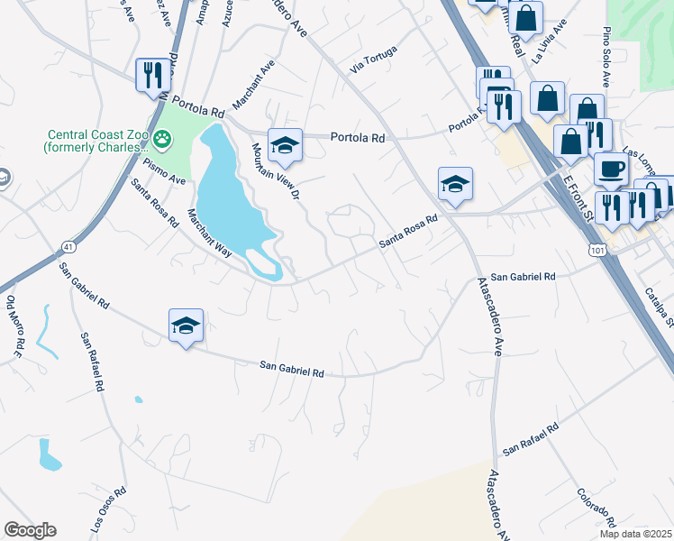 map of restaurants, bars, coffee shops, grocery stores, and more near 8388 Santa Rosa Road in Atascadero
