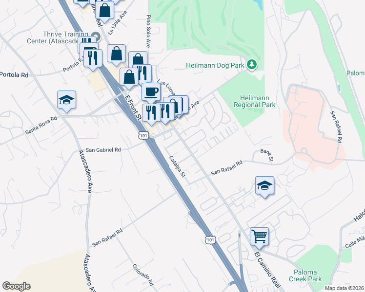 map of restaurants, bars, coffee shops, grocery stores, and more near 9199 Willow Court in Atascadero