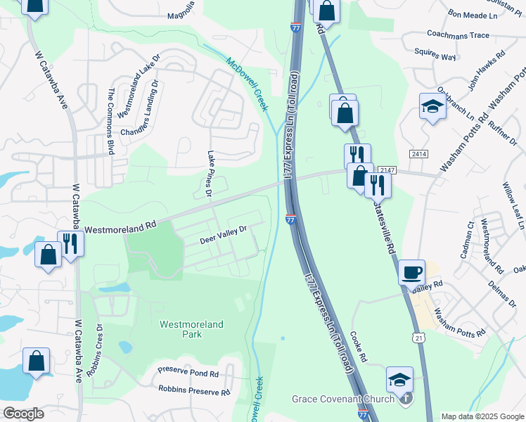 map of restaurants, bars, coffee shops, grocery stores, and more near 17227 Doe Valley Court in Cornelius
