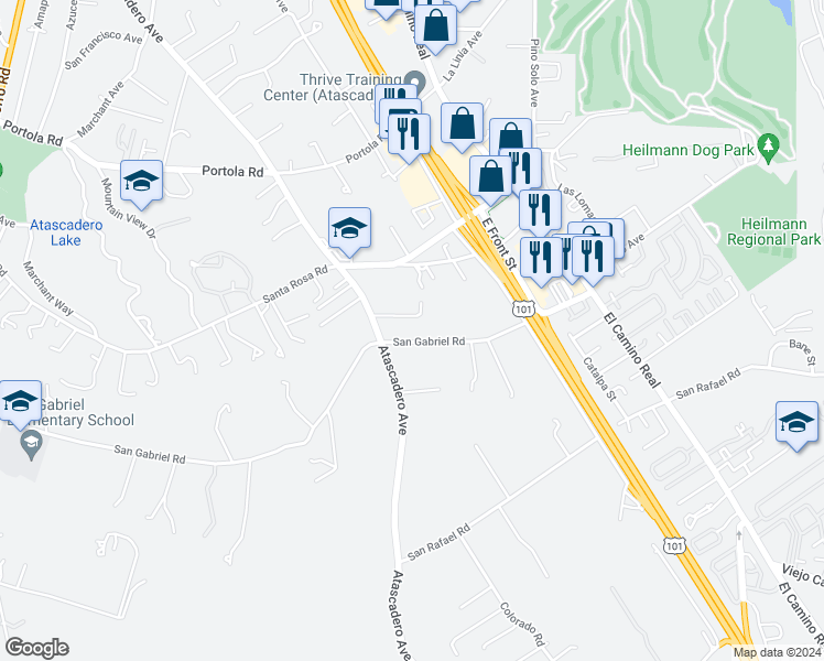map of restaurants, bars, coffee shops, grocery stores, and more near 9019 San Gabriel Road in Atascadero