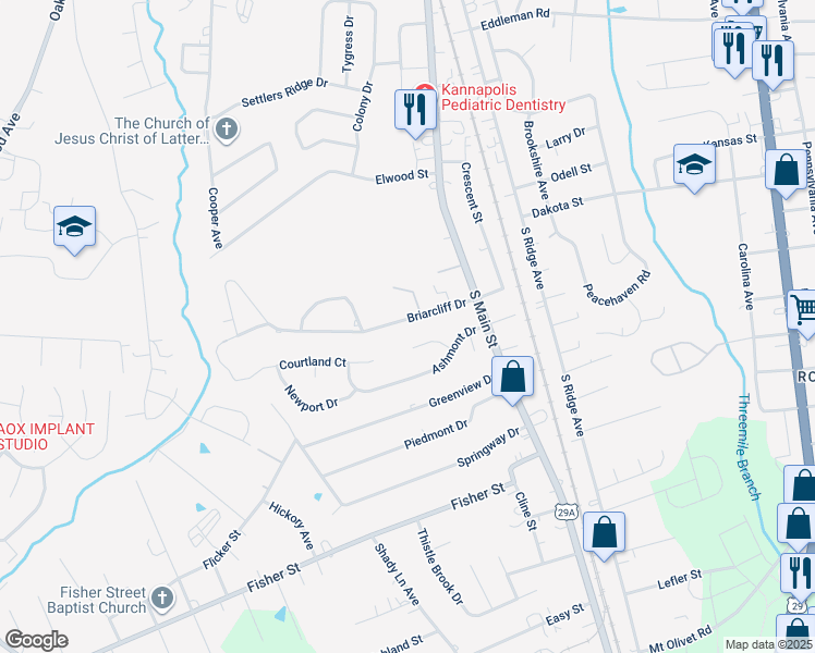 map of restaurants, bars, coffee shops, grocery stores, and more near 178 Briarcliff Drive in Kannapolis