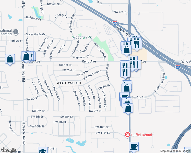 map of restaurants, bars, coffee shops, grocery stores, and more near 11705 Southwest 3rd Terrace in Yukon