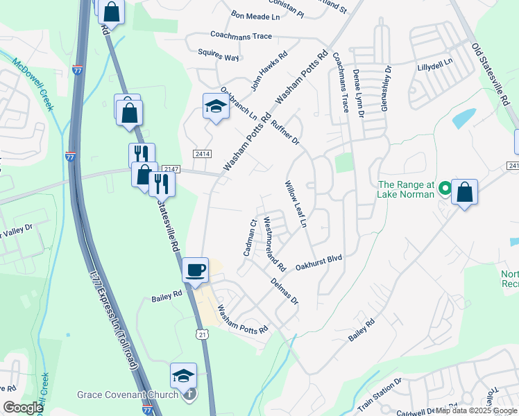 map of restaurants, bars, coffee shops, grocery stores, and more near 9832 Westmoreland Road in Cornelius