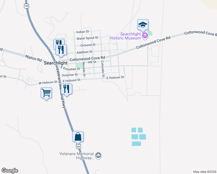 map of restaurants, bars, coffee shops, grocery stores, and more near 550 East Hobson Street in Searchlight