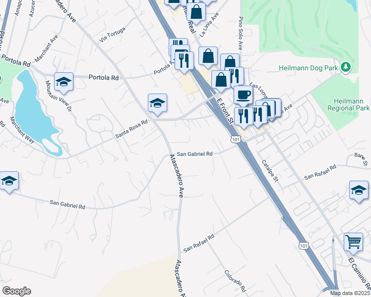 map of restaurants, bars, coffee shops, grocery stores, and more near 9019 San Gabriel Road in Atascadero