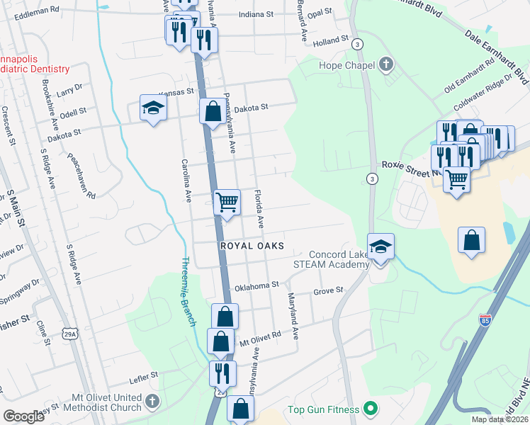 map of restaurants, bars, coffee shops, grocery stores, and more near 1005 Michigan Street in Kannapolis