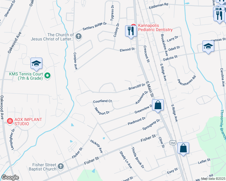 map of restaurants, bars, coffee shops, grocery stores, and more near 205 Cliffside Drive in Kannapolis