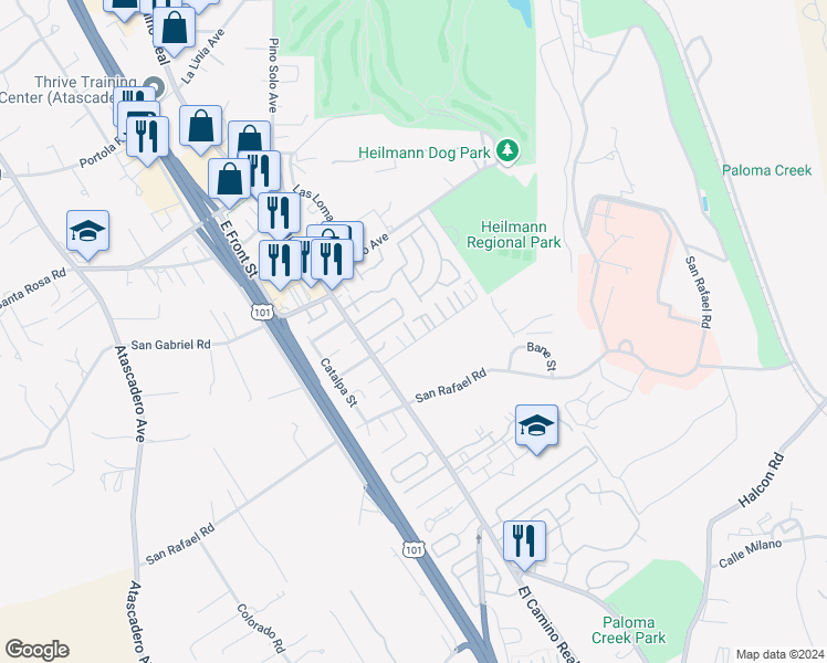 map of restaurants, bars, coffee shops, grocery stores, and more near 9323 Musselman Drive in Atascadero