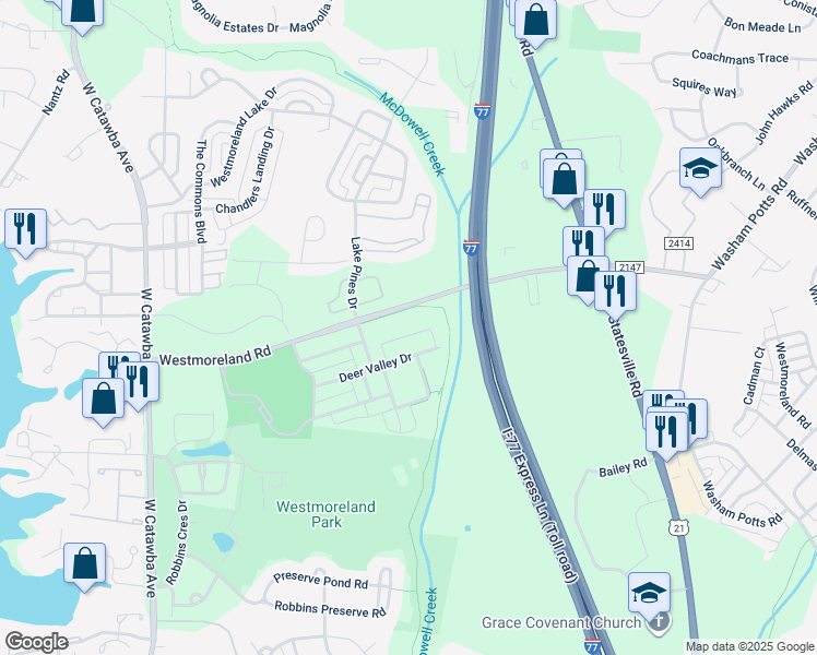map of restaurants, bars, coffee shops, grocery stores, and more near 17015 Doe Valley Court in Cornelius