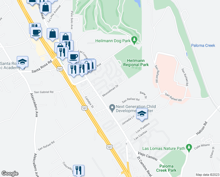 map of restaurants, bars, coffee shops, grocery stores, and more near 9331 Musselman Drive in Atascadero