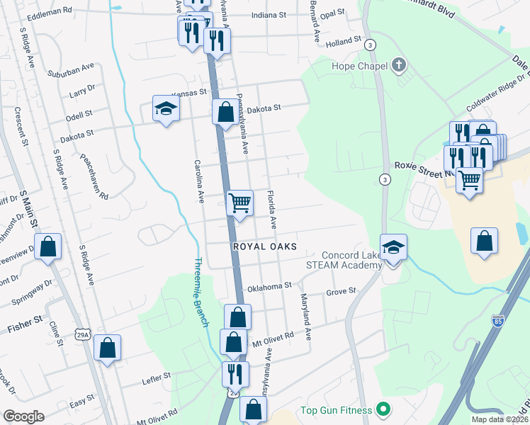 map of restaurants, bars, coffee shops, grocery stores, and more near 2301 Pennsylvania Avenue in Kannapolis