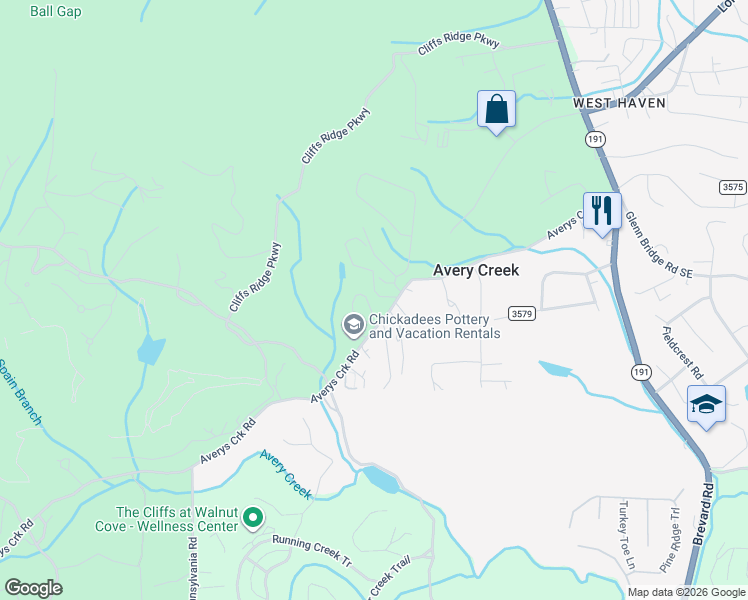 map of restaurants, bars, coffee shops, grocery stores, and more near 131 Avery Creek Road in Arden