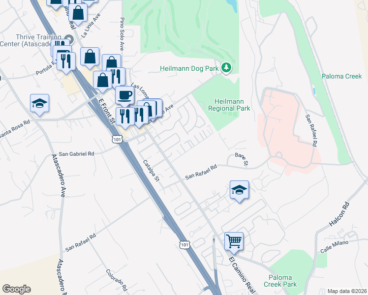 map of restaurants, bars, coffee shops, grocery stores, and more near 9323 Musselman Drive in Atascadero