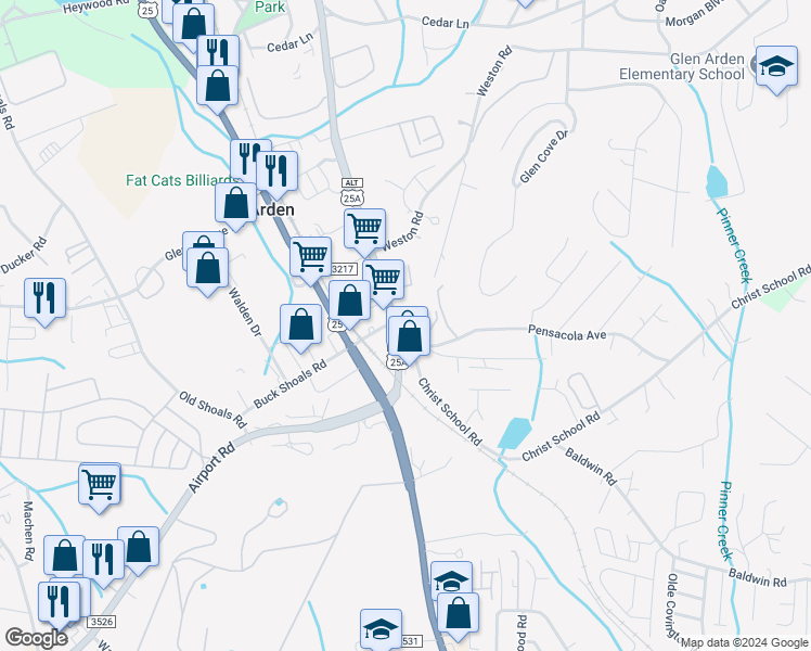 map of restaurants, bars, coffee shops, grocery stores, and more near 3970 Sweeten Creek Road in Arden